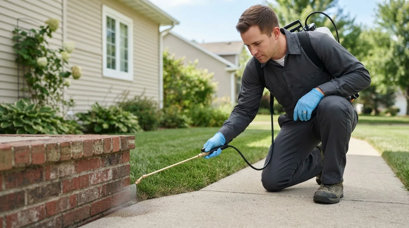 Pest control technician treating a home near Bradford, OH