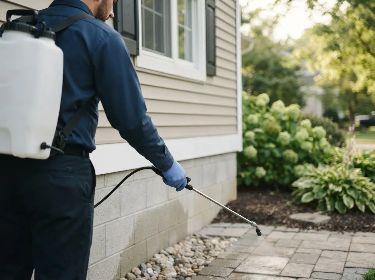 Pest control technician inspecting a home in Bradford, OH